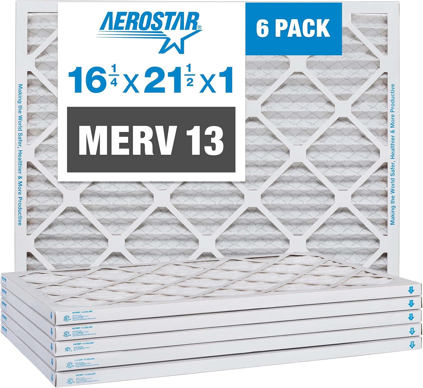 Aerostar 16 1/4x21 1/2x1 MERV 13 Pleated Air Filter, AC Furnace Air Filter, 6 Pack (Actual Size: 16 3/8" x 21 1/2" x 3/4")