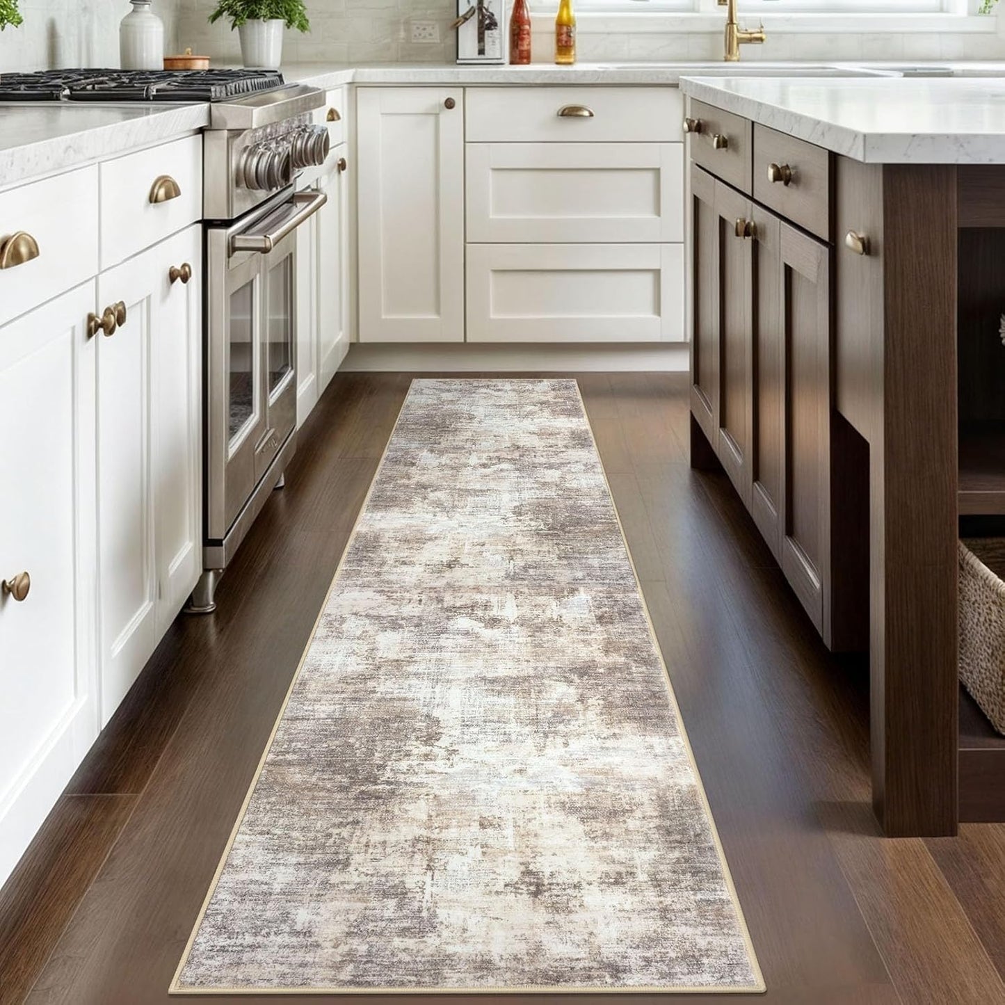 IOHOUZE Abstract Runner Rug 2x8 Ft Washable Runners for Hallways, Non Slip Kitchen Runner Printed Faux Wool Entryway Runner Indoor, Modern Abstract Floor Carpet for Hall Kitchen Bedroom, Beige Brown