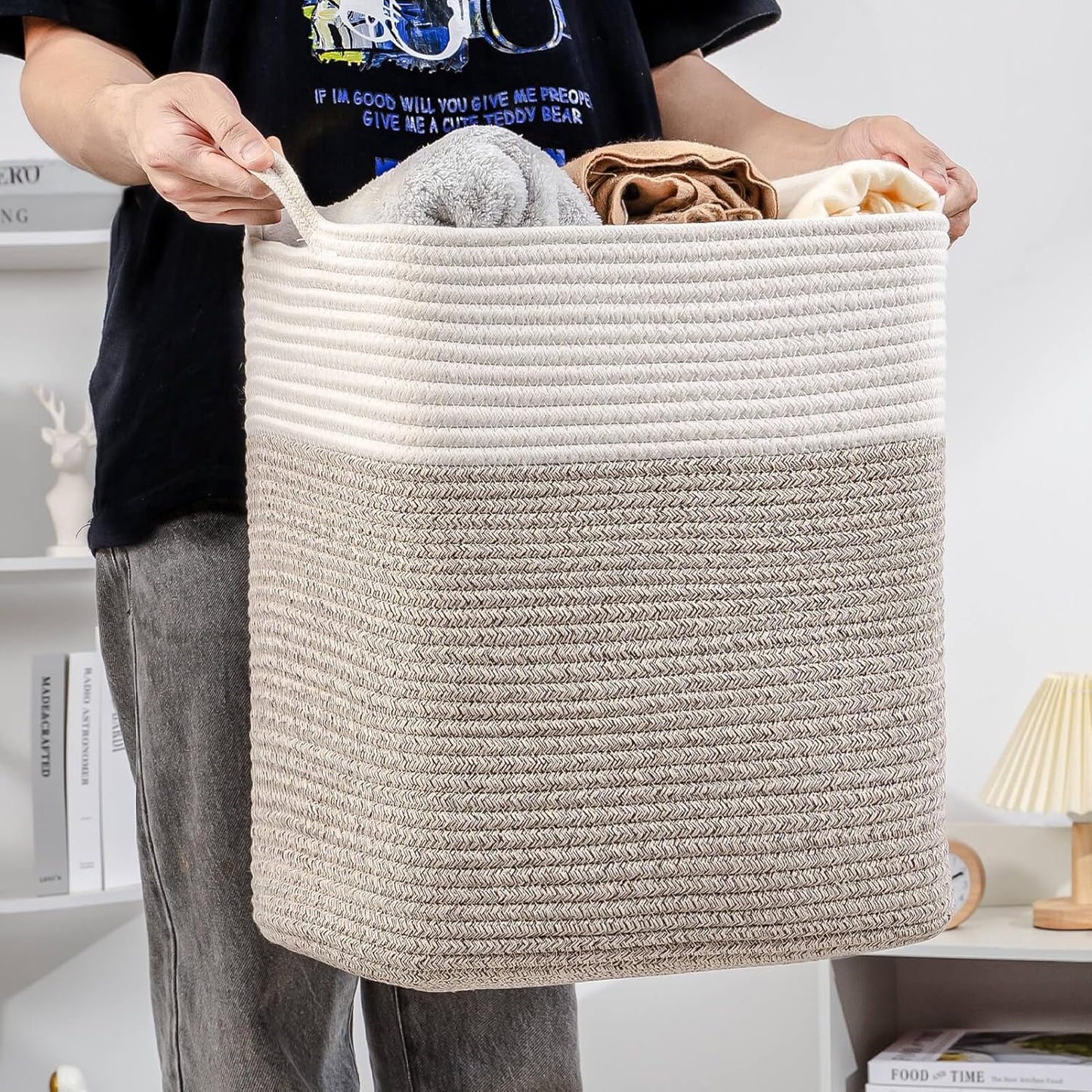 Medium and Large Woven Basket//With Handle, Used for Toys and Fabric Storage Basket used for Storing xl Storage Box, Decorative Storage Box Room (14L*15.7H WWhite Brown, 14L*10W*15.7H)