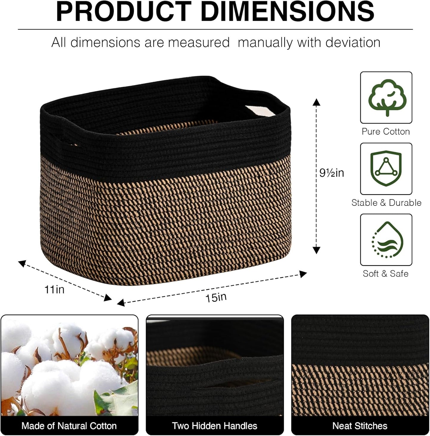 Woven Cotton Rope Storage Basket for Organizing, Cute Decorative Baskets for Gifts Empty, Organizer Bins for Dog Toy, Baby Laundry, 15“×11”×9.5“, Jute & Black