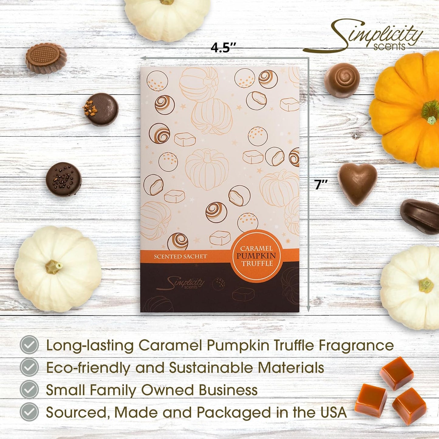 Floral Simplicity Caramel Pumpkin Truffle Scented Sachets Pack of 3, Fall & Winter - Long-Lasting Scented Bags, Home Fragrance, Air Freshener & Deodorizer for Closet, Room, or Cars, Made in USA