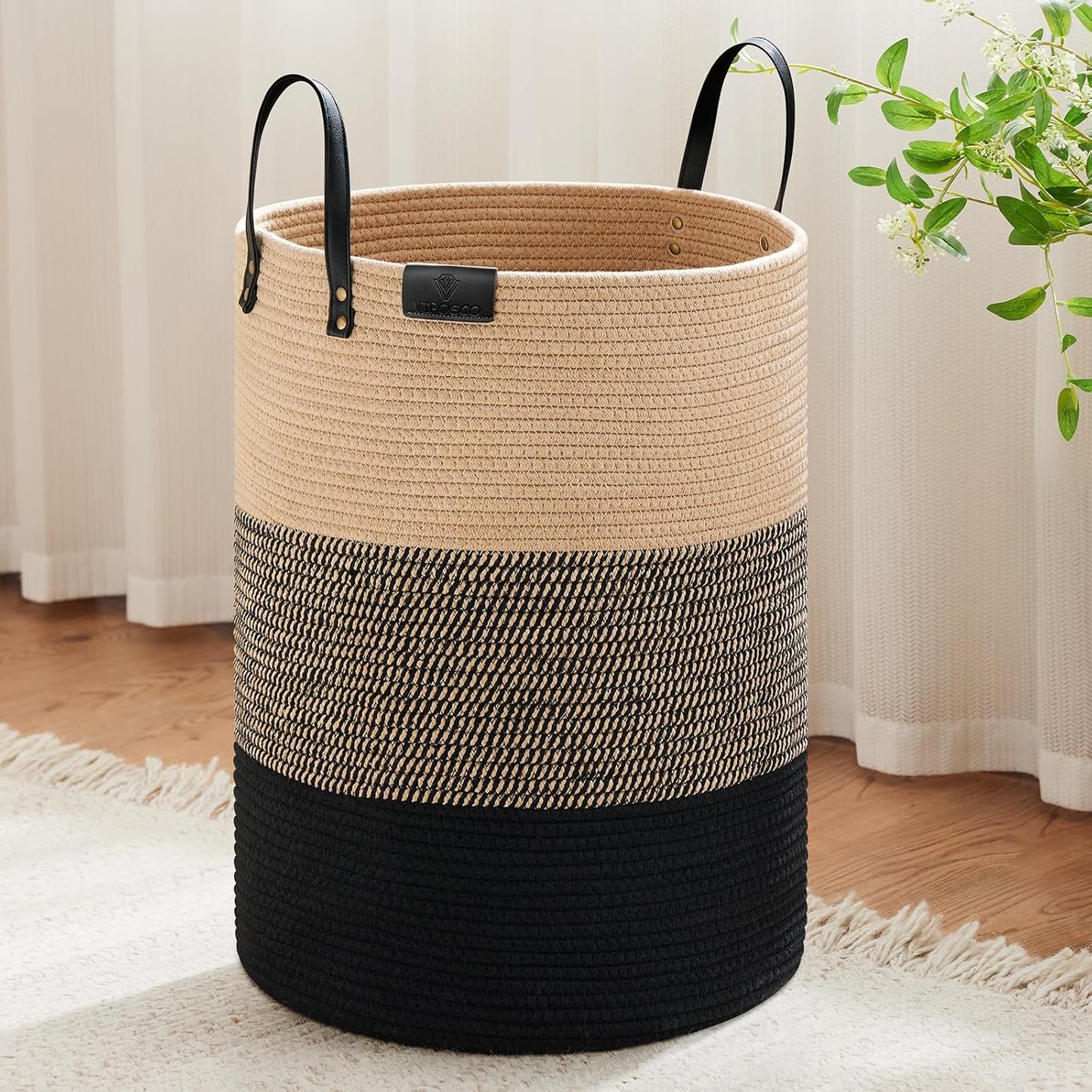VIPOSCO Tall Laundry Basket, Large Dirty Clothes Hamper with Leather Handle, Woven Rope Storage Basket for Blanket, Toy In Living Room, Bathroom, Bedroom - 100L Brown & Black