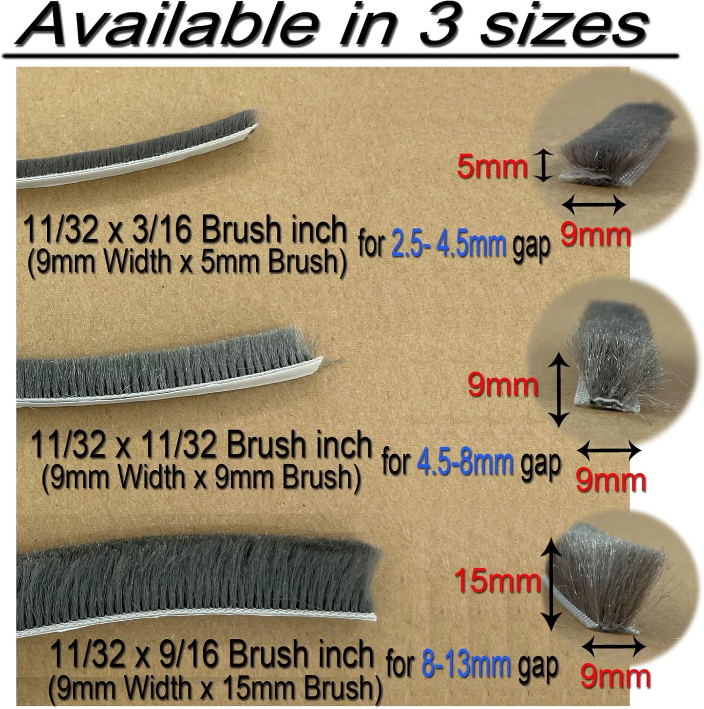 32ft Door Weather Stripping Door Seal Strip Brush for Sliding Windows/Doors Frame (32ft x11/32 Backing x 9/16 Brush inch, Black)