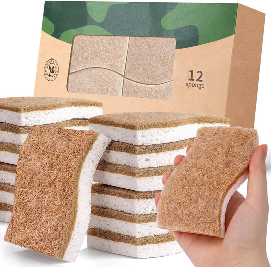 12Pack Natural Kitchen Sponge, Biodegradable Cellulose and Coconut Scrubber, Eco Friendly Sponges for Dishes