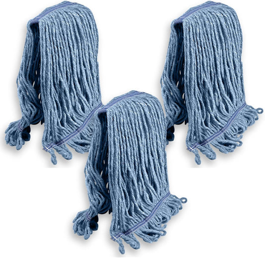 KLEEN HANDLER General Cleaning Mop Heavy Duty Commercial Replacement, Wet Industrial Blue Cotton Looped End String Head Refill (Pack of 3)