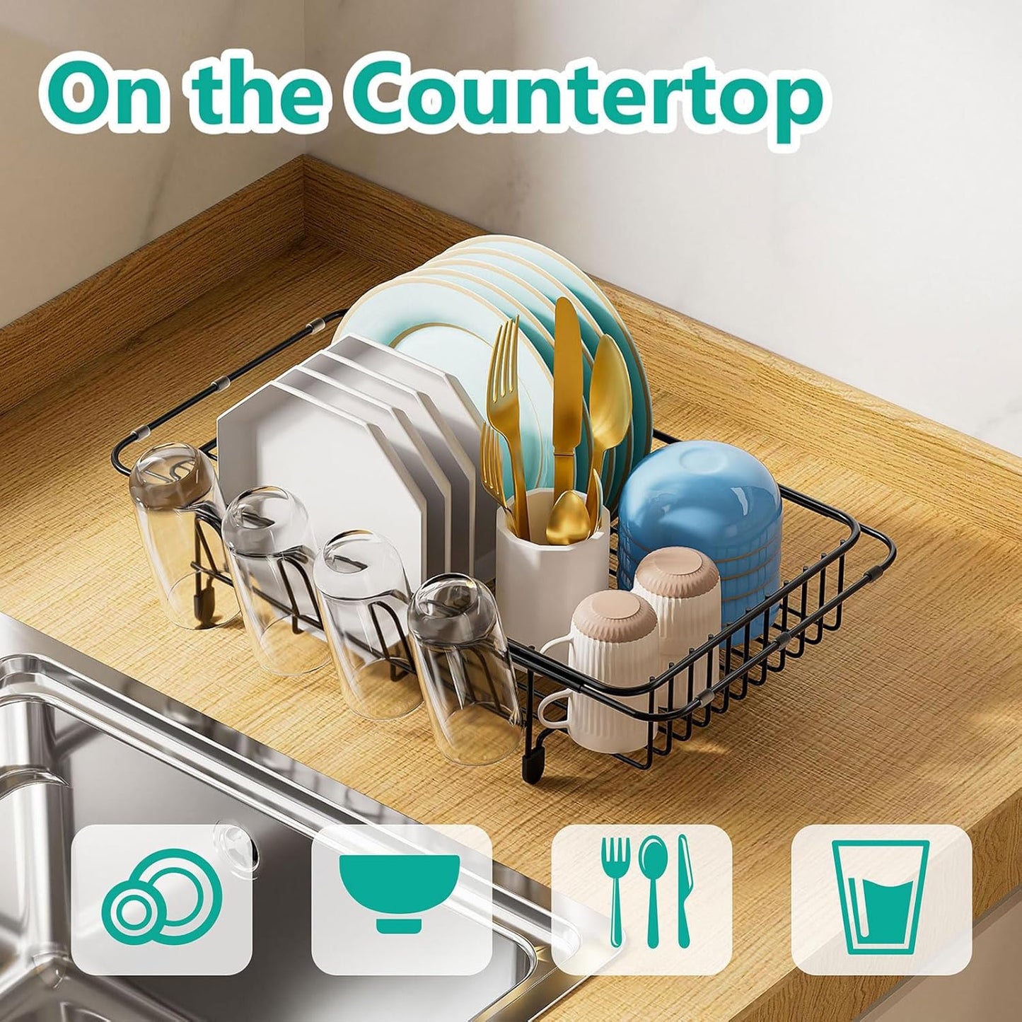 Dish Drying Rack in Sink Expandable Stainless Steel Kitchen Dish Drainer with 4 Cup Holders, Black