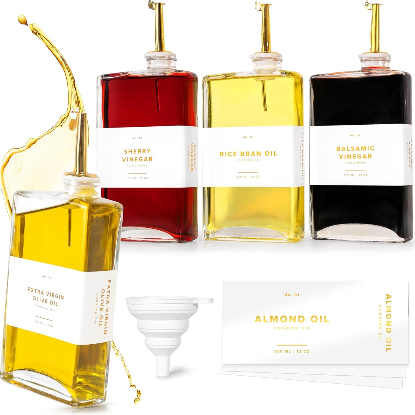 Glass Olive Oil Dispenser Bottle Set [4x12oz]: 36 Premium Gold Labels, Oil Dispenser for kitchen, Vinegar Bottle Set, Glass Dispensers for Soy Sauce, Syrup Bottles | Set of 4
