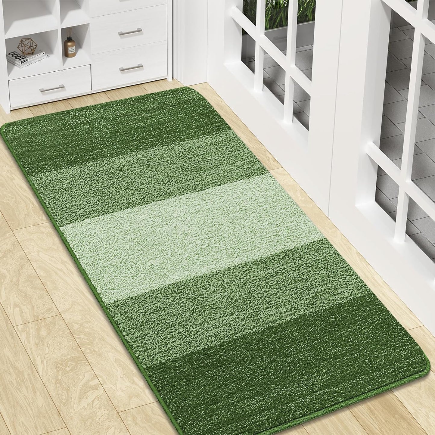 Kitinjoy Indoor Outdoor Door Mat, 47x20 Non-Slip Absorbent Dirt Trapper, Low-Profile Washable Inside Entrance Front Floor Mat, Sturdy Soft Entry Doormats for Entryway, Green