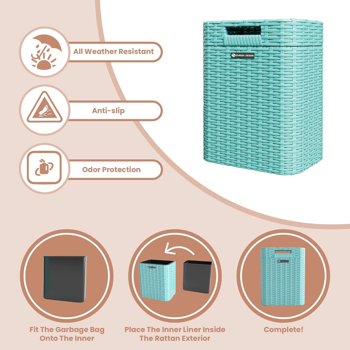 Ypati Handwoven Rattan Trash Can with Lid, Indoor and Outdoor, 4.5 Gallon with Complementary Shelf, Waste Container for Bathroom, Patio, Study, with Trash Bags, Grey, Designed by Eureka