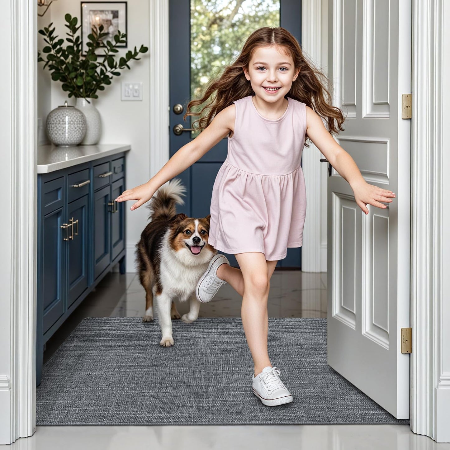 LUMI Ultra Thin Door Mat for Entryway,32"x48" Low Profile Non Slip Rubber Backing Indoor Doormat, Easy Clean Welcome Entrance Mat for Inside House, Patio,Dark Grey