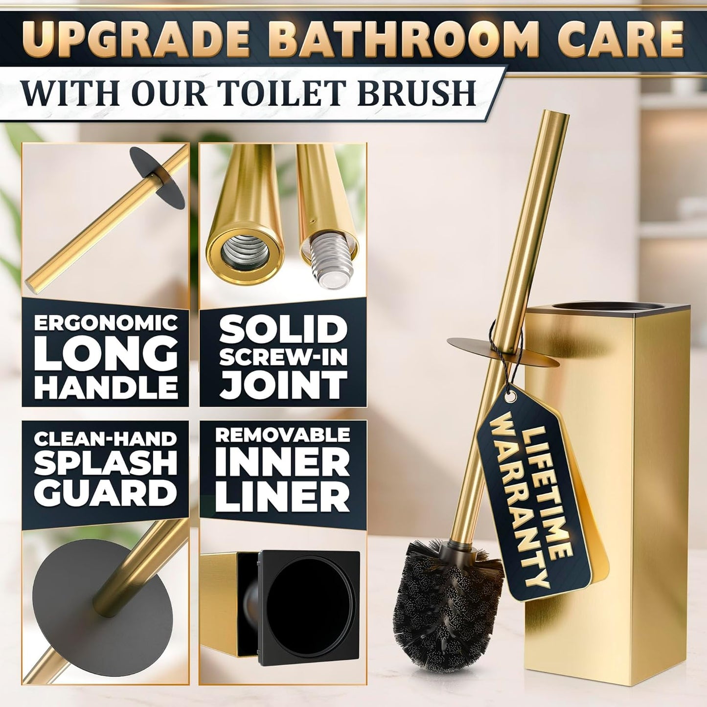Stainless Steel Toilet Brush and Holder Set Gold & Square Design - Corrosion and Scratch-Resistant Gold Toilet Brush and Holder Set with Splash Protection - for Deep & Effective Bathroom Cleaning
