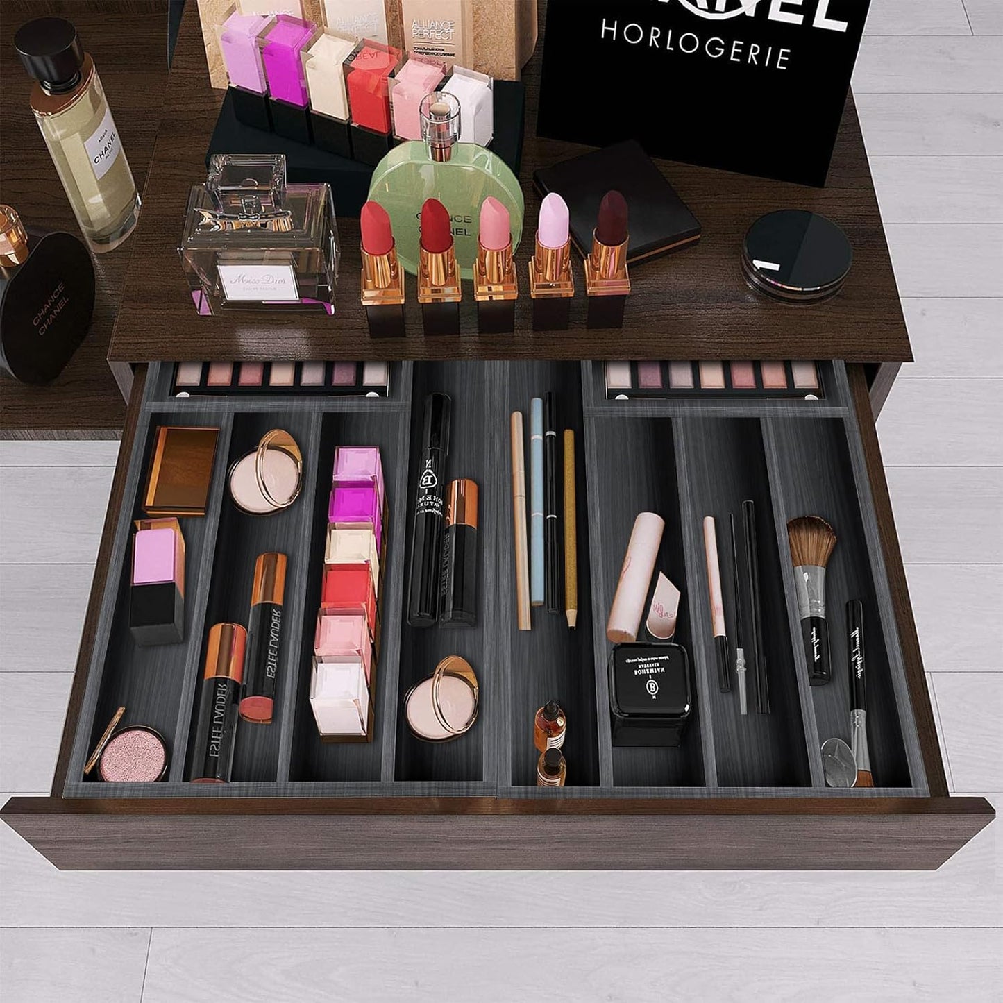 Kitchen Wood Utensil Tray Silverware Drawer Organizer Wooden Cutlery Trays Flatware Organizers Divider 14.6"x9.5" Silverware Tray Spoon Fork Organizer Black Bamboo Cutlery Utensil Holder for Drawer