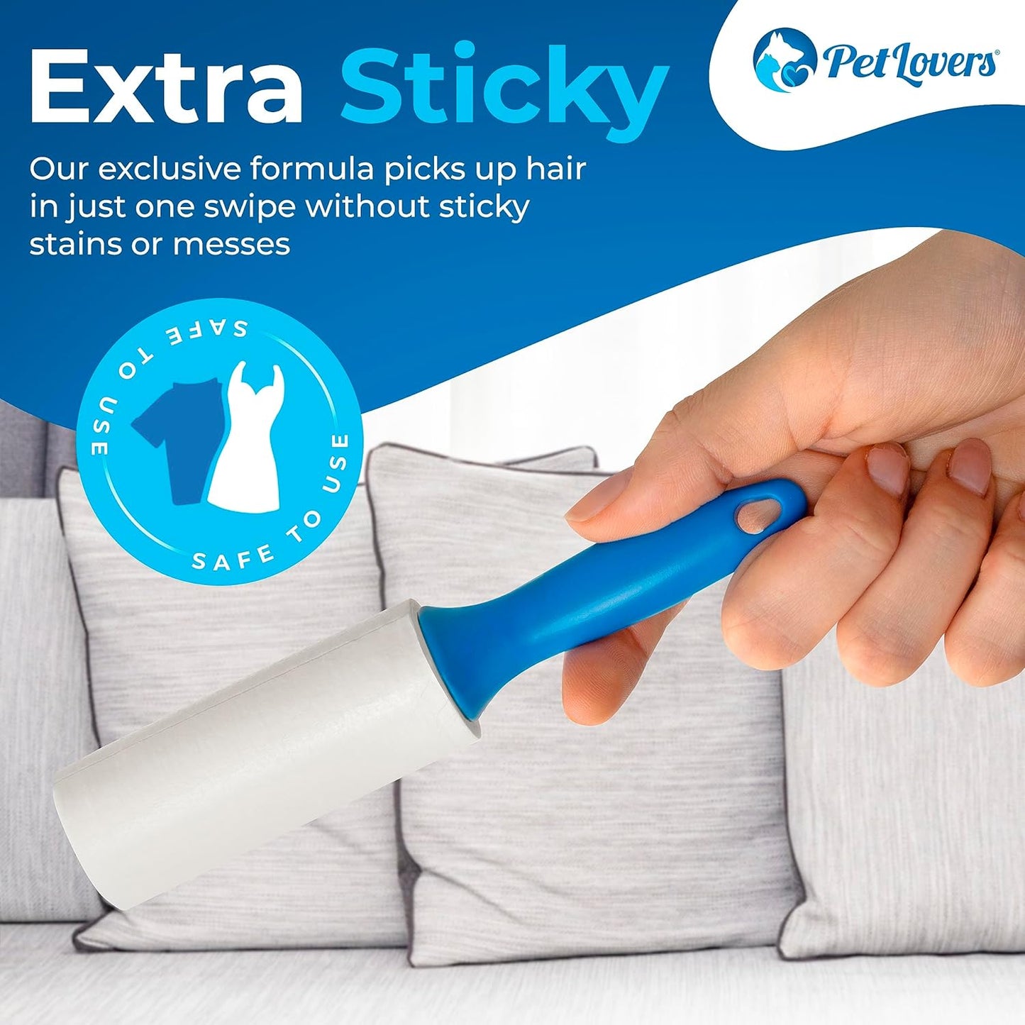 PetLovers Extra Sticky Lint Roller Mega Value Set for Pet Hair Removal and Clothes, Dog and Cat Lint Remover (Blue, 4 Pack Mini)