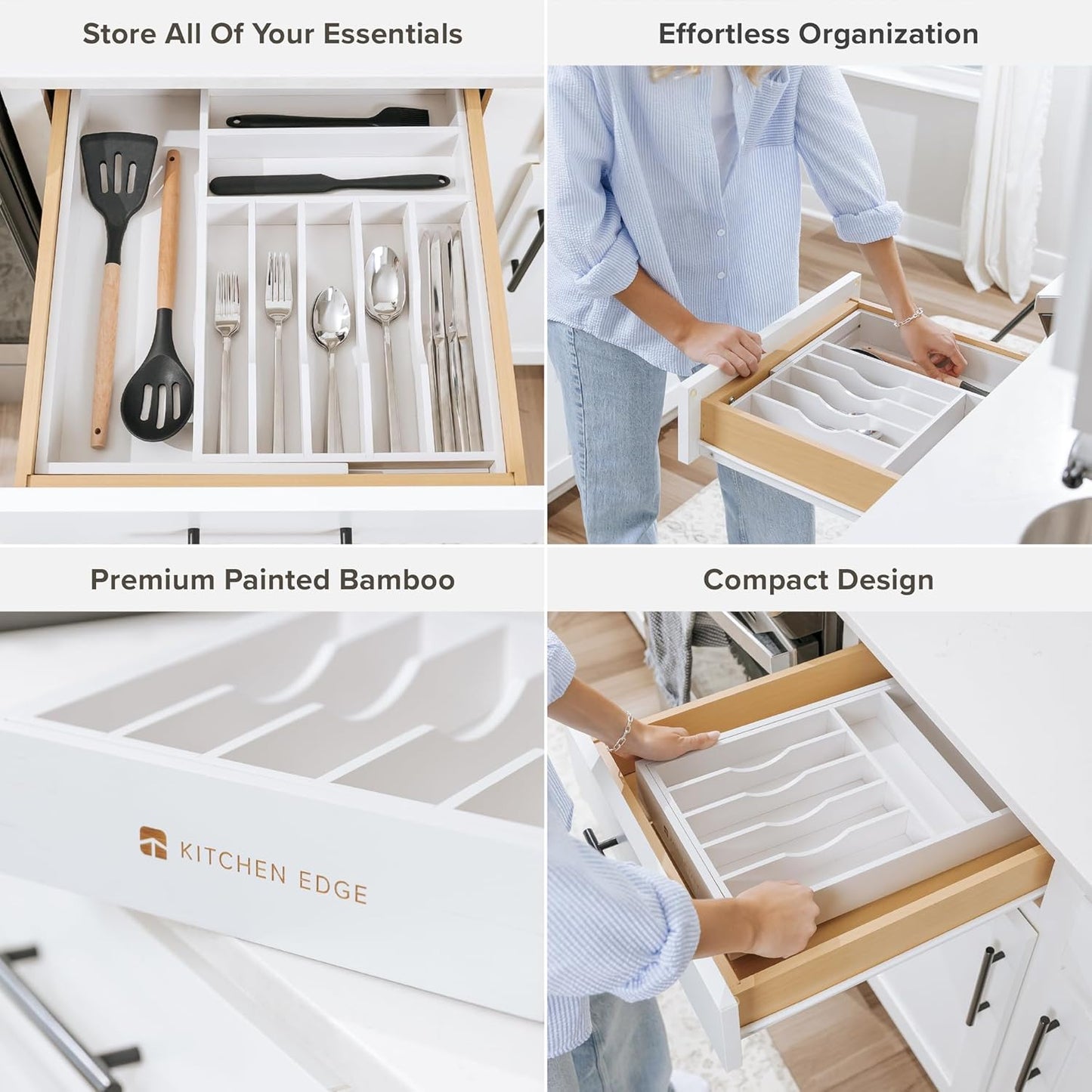 KitchenEdge Premium Silverware, Flatware and Utensil Organizer for Kitchen Drawers, Food-Safe Contract Grade, Expandable from 10.5 to 19 In, White Bamboo