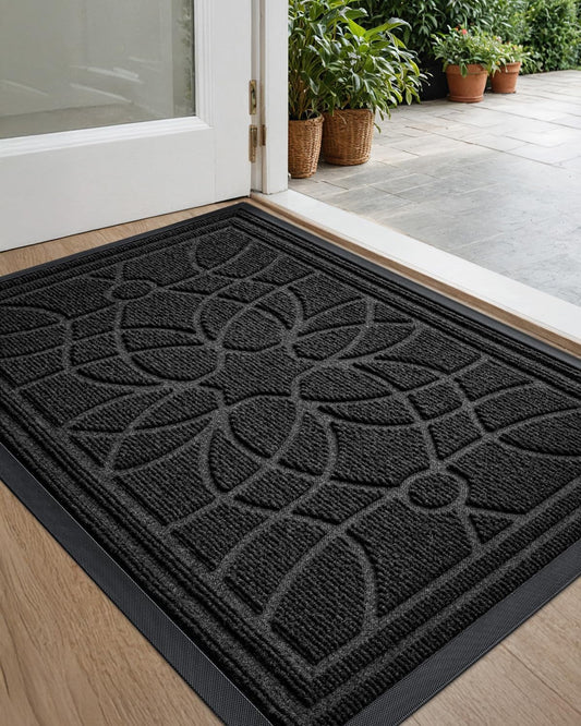 DEXI Front Door Mat Outside Entrance, Heavy Duty Non Slip Low Profile Doormat for Entryway, Trap Dirt and Moisture Welcome Mats, Easy Clean, Patio, Garage, 3x2, Black