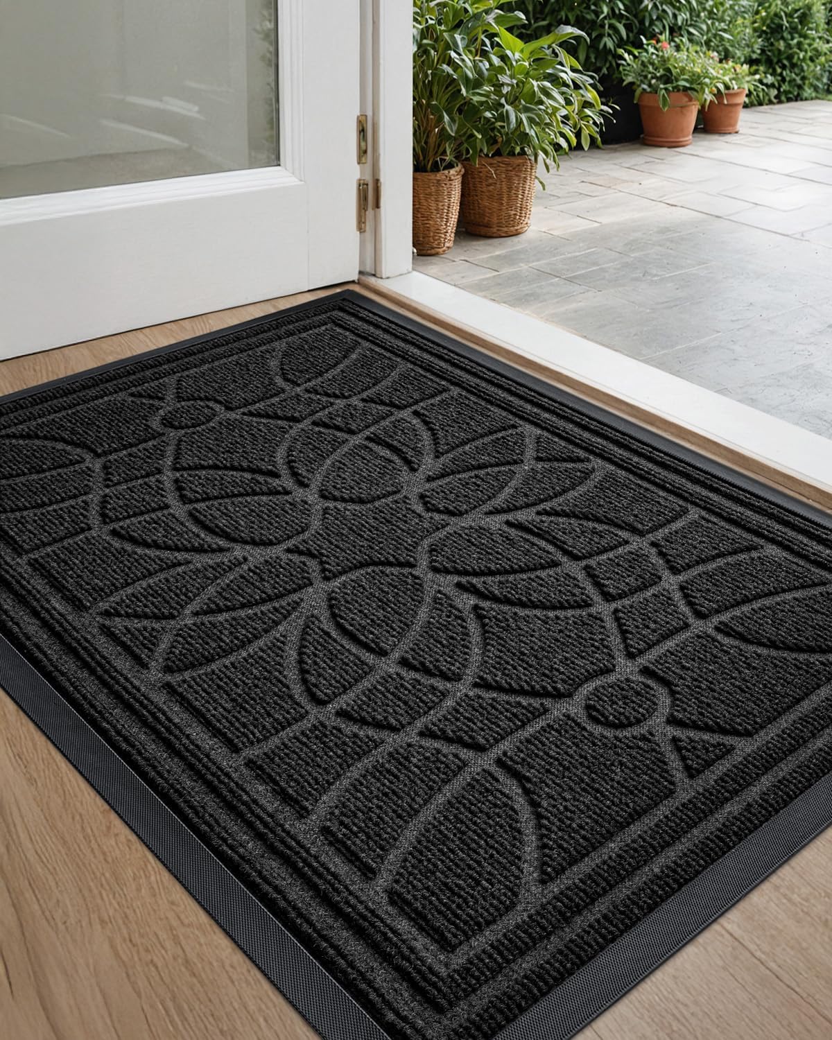 DEXI Front Door Mat Outside Entrance, Heavy Duty Non Slip Low Profile Doormat for Entryway, Trap Dirt and Moisture Welcome Mats, Easy Clean, Patio, Garage, 17x29, Black