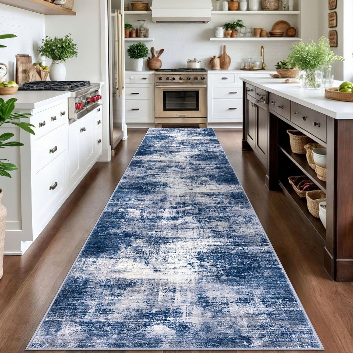 IOHOUZE Abstract Runner Rug 3x14 Ft Washable Runners for Hallways, Non Slip Kitchen Runner Printed Faux Wool Entryway Runner Indoor, Modern Abstract Floor Carpet for Hall Stair, Navy/Grey