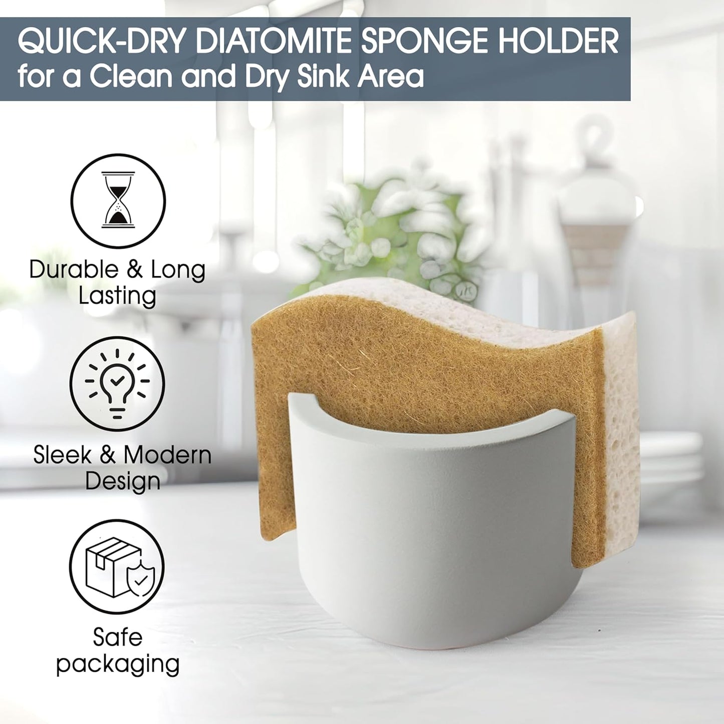 MOPHONICHOME Sponge Holder, Stone Sponge Holder for Kitchen Sink - Diatomite Kitchen Sink Caddy, Quick Dry, Super Absorbent, Modern Design, Grey