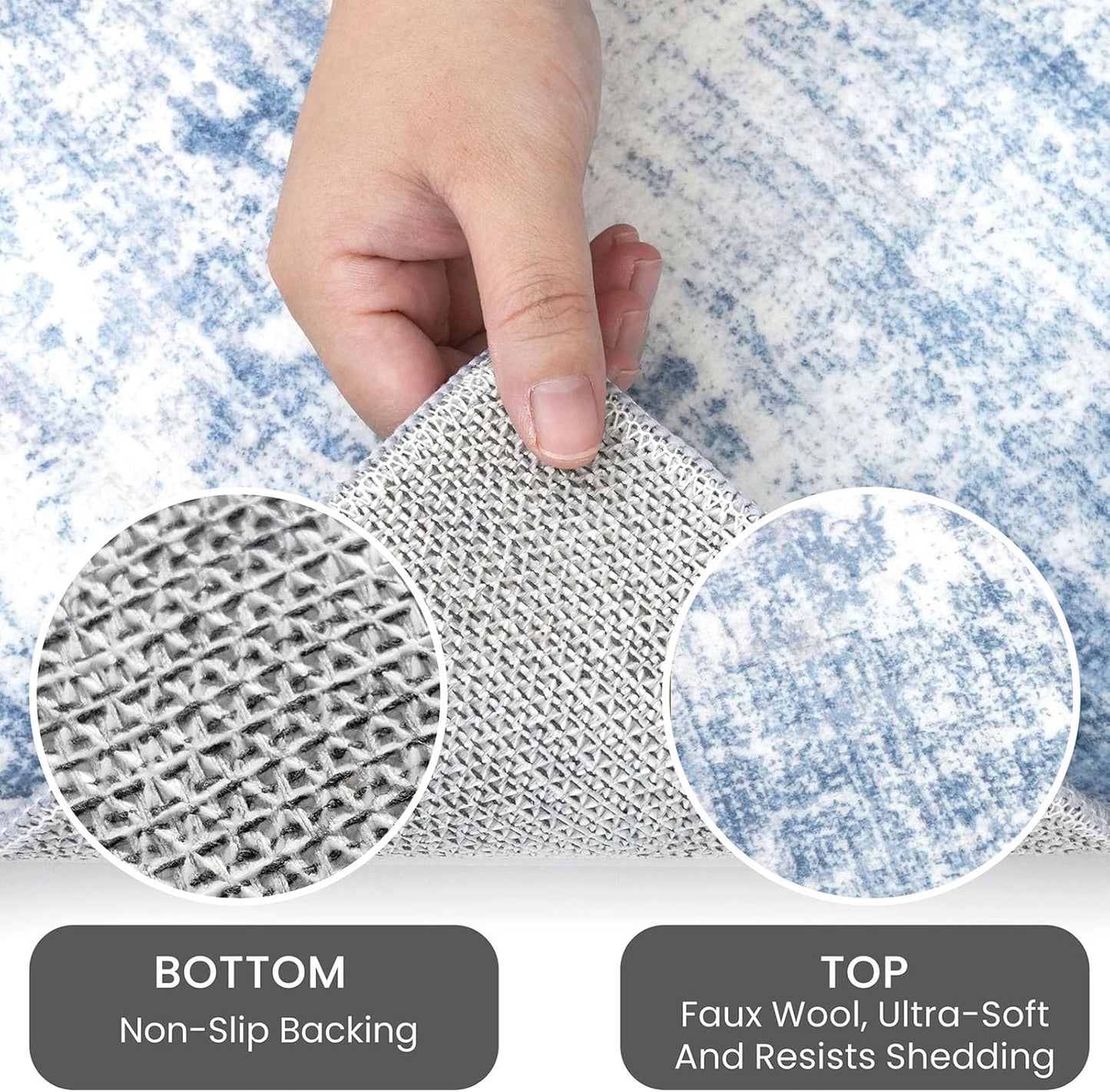 IOHOUZE Abstract Area Rugs 9x12 Ft Washable Large Rugs for Living Room, Non Slip Dining Room Rug, Printed Faux Wool Rugs for Bedroom, Floor Carpet for Office Nursery Playroom, Light Blue White