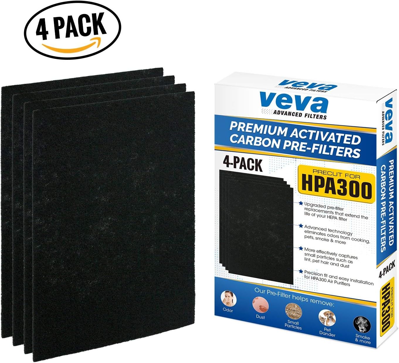 VEVA Precut for HPA300 Premium Carbon Activated Pre Filters 4 Pack Compatible with HW Air Purifier. Precision Fit for Easy Installation Advanced Filters