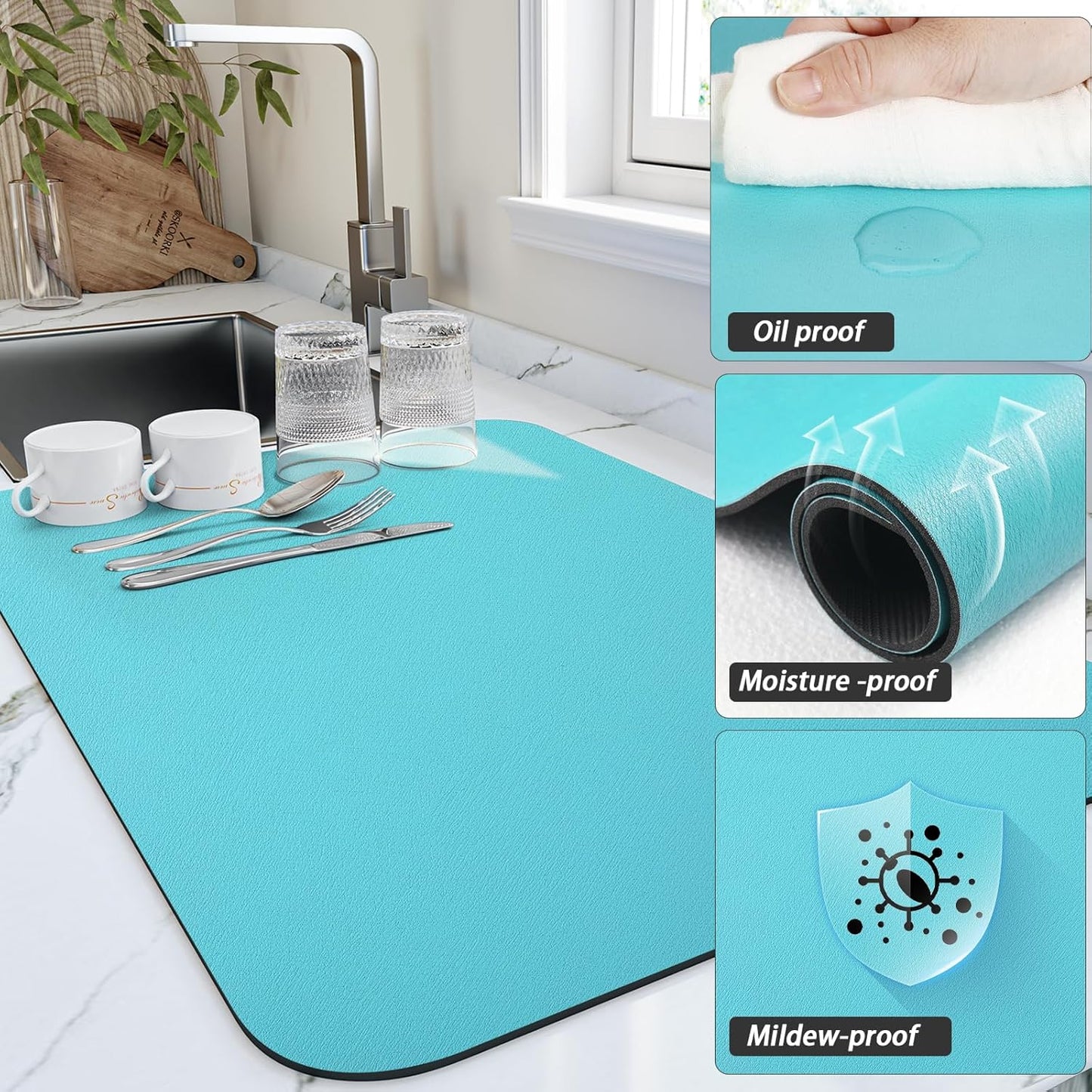 Dish Drying Mat for Kitchen Counter, Heat Resistant Drainer Mats with Non-slip Rubber Backed, Hide Stain Kitchen Super Absorbent Draining Mat, Easy to Clean Dish Rack Pad, Teal 18"x24"