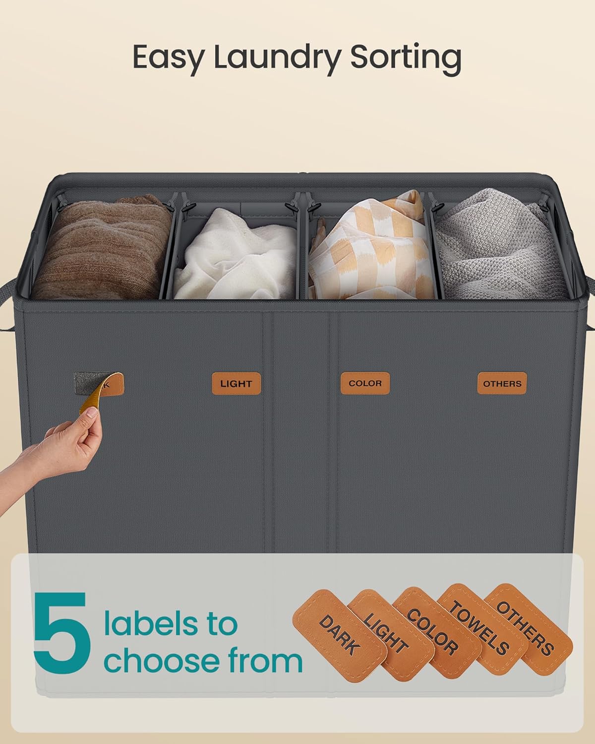 SONGMICS 55.4 Gallon (210 L) Laundry Hamper, 4-Compartment Laundry Basket Sorter with Lid, Labels, Removable Liner Bags, for Bedroom, Dark Gray URLH014G01