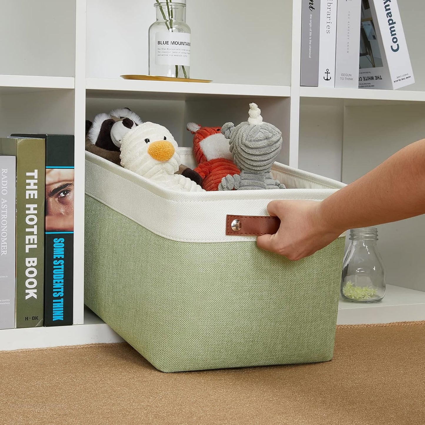 DULLEMELO Fabric Storage Bin for Laundry, Home, Foldable Storage Basket for Shelves, Toys, Collapsible Storage Basket Bin for Office, Closet,Bedroom(White&Green)