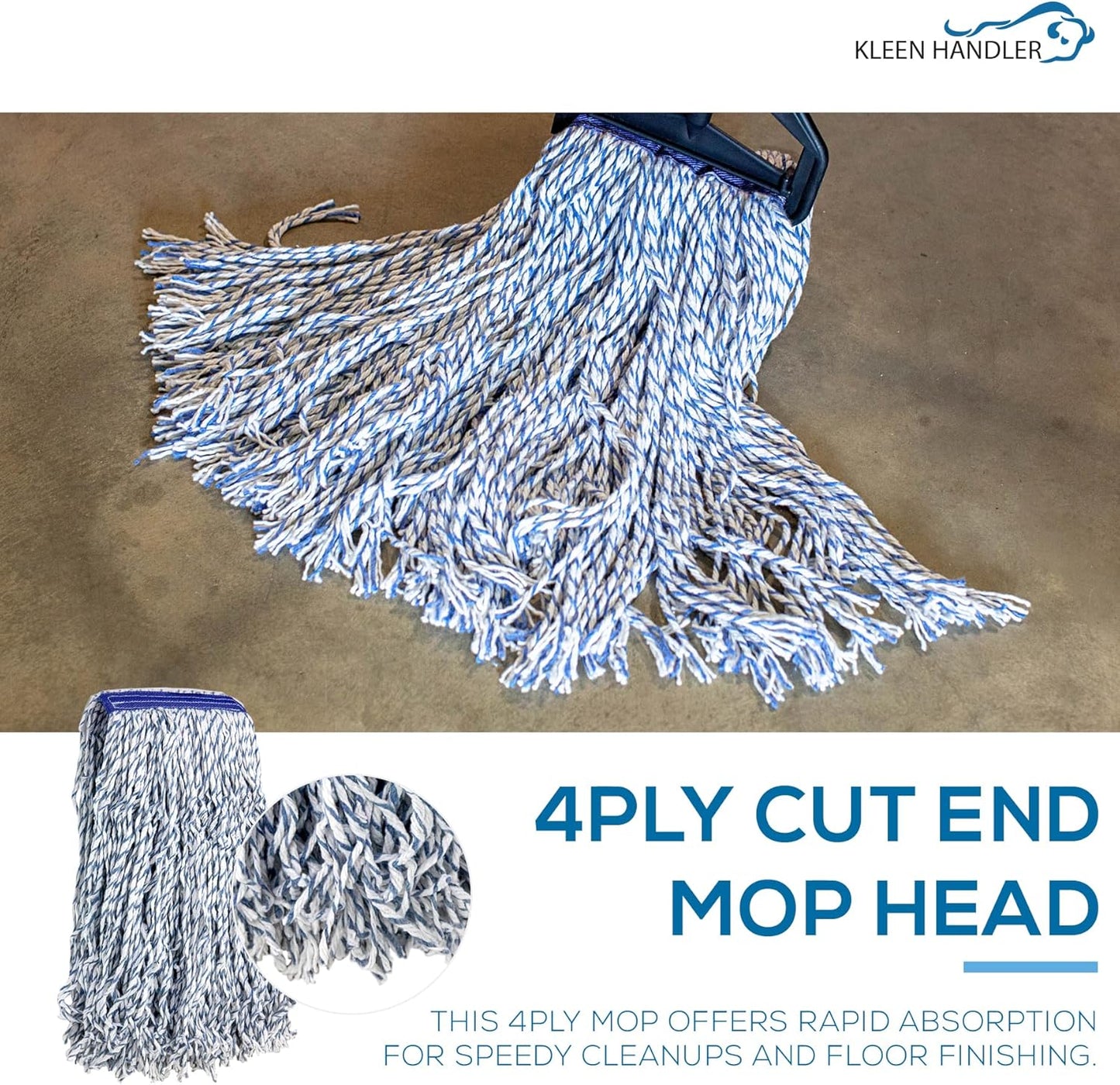 KLEEN HANDLER Cut End Finish Mop | 1.25" Universal Headband Maximum Absorption Finishing Mop, Pack of 6