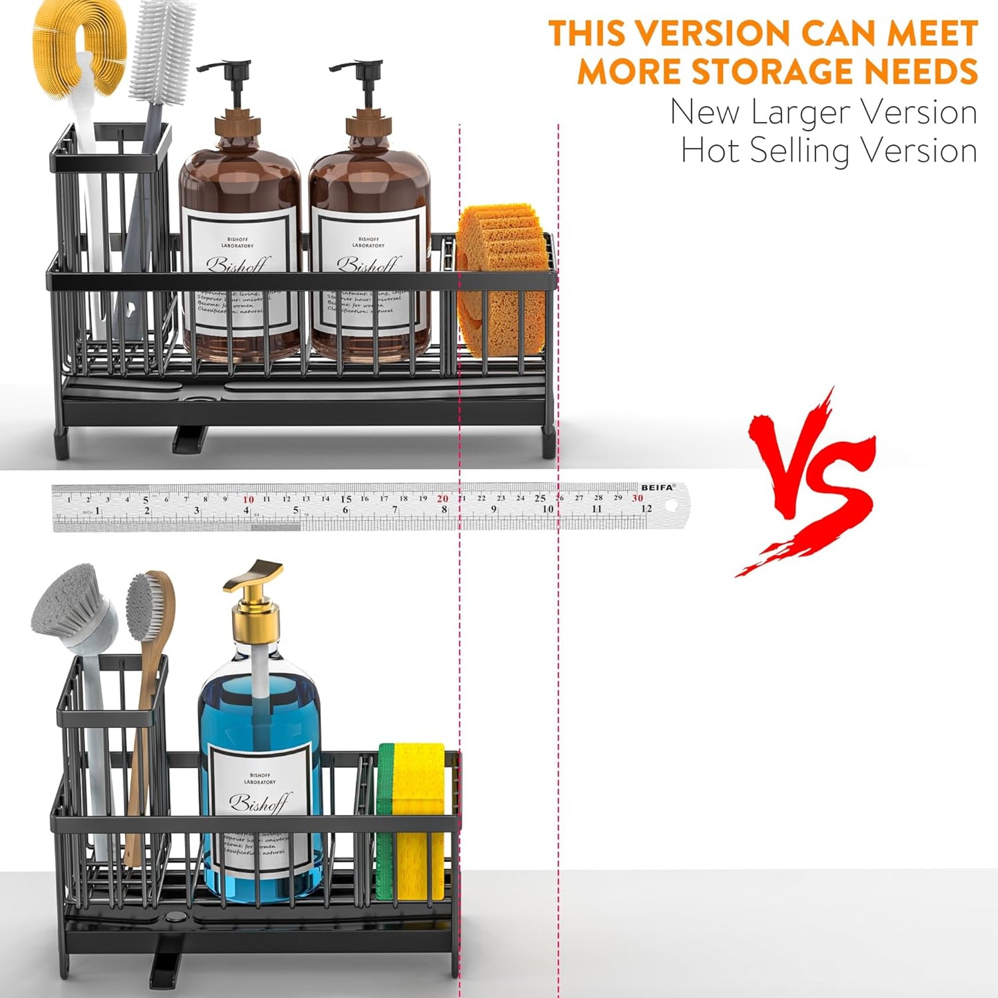 Cisily Extra Large Black Sponge Holder for Kitchen Sink, Sink Caddy Organizer with High Brush Holder, Kitchen Countertop Organizers and Storage Essentials, Rustproof 304 Stainless Steel