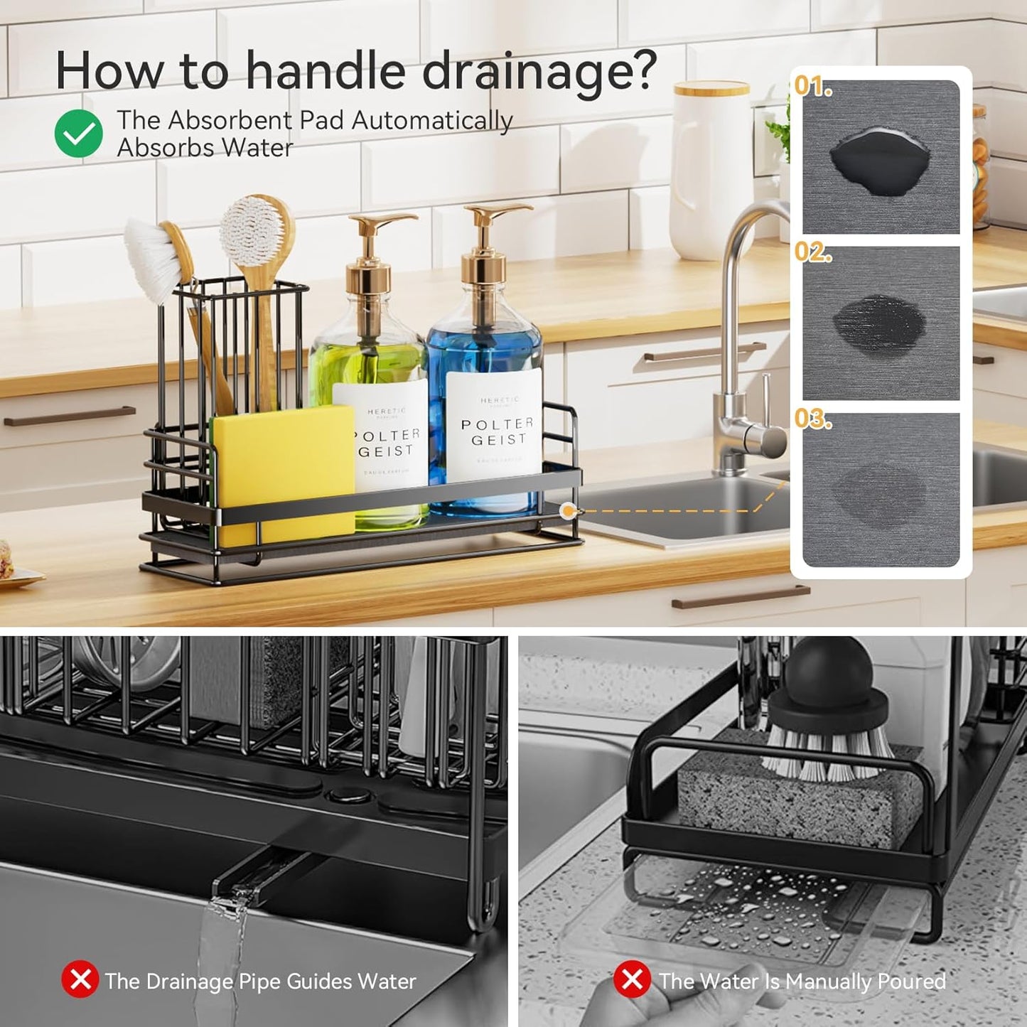 Yofidra Sink Caddy with Stone Drying Tray: Stainless Steel Soap Dispenser Kitchen Sink Organizer Set, Sponge Holder Counter Accessories Decor for Kitchen Organizers and Storage 8.1x3.5x4.5 in Black