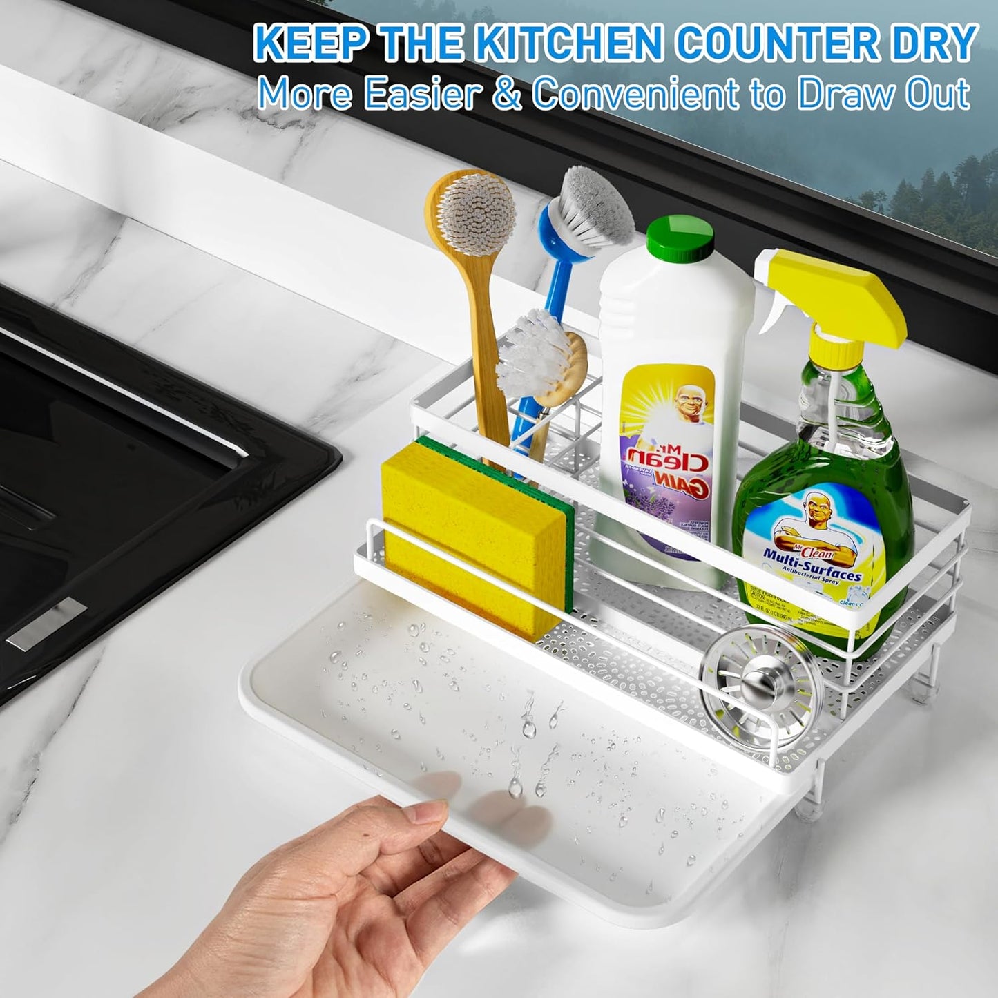 Cisily Sponge Holder for Kitchen, Sink Caddy Organizer, Kitchen Sink Accessories with Drip Tray, Rustproof and Non-Slip Kitchen Sink Sponge Holder, Kitchen Essentials for New Home（White）