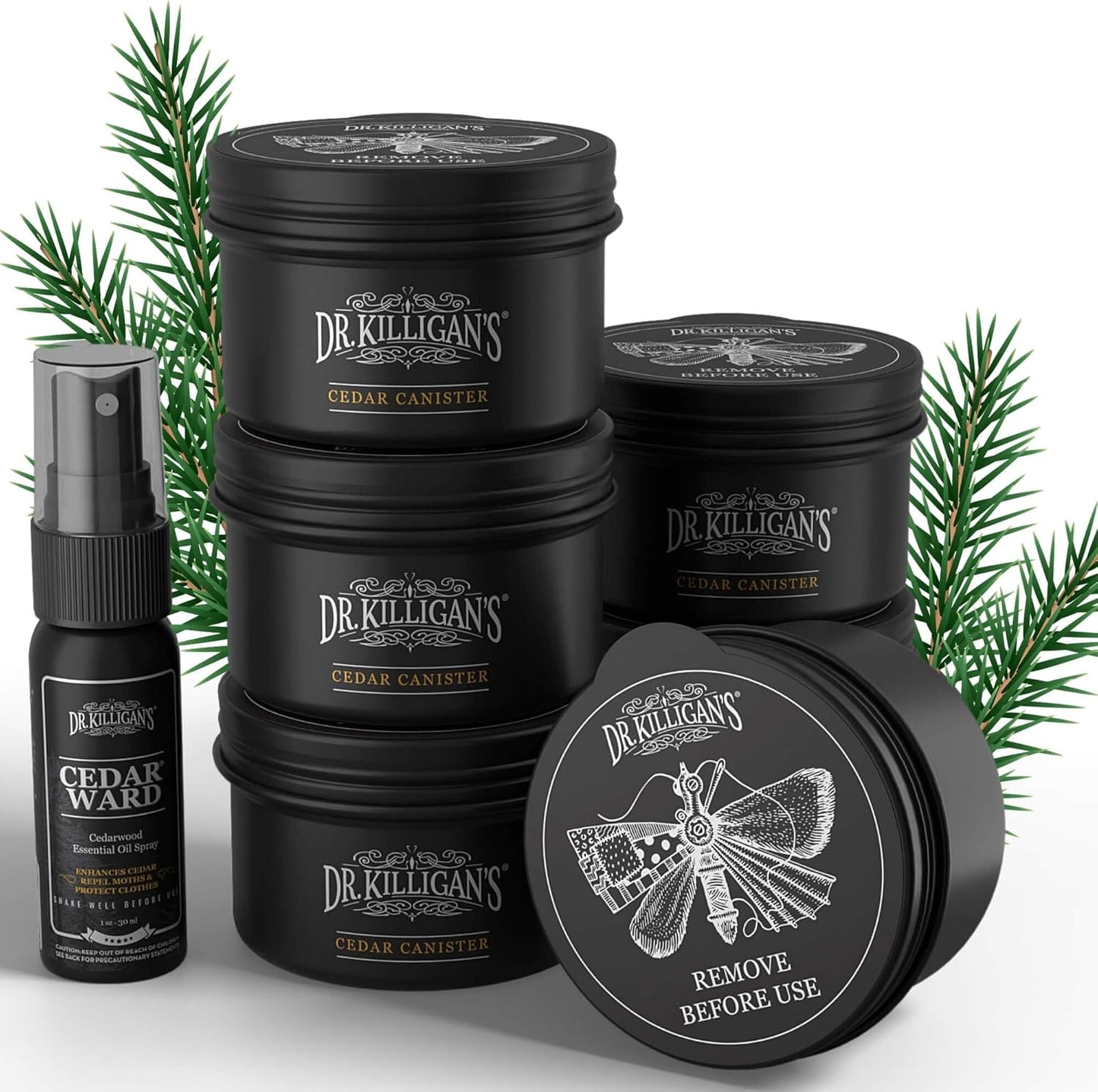 Dr. Killigan's Cedarwood Chip Canisters - Moth Repellent for Closets, Cedar Blocks for Clothes Storage, Drawer Deodorizers, 6 Reusable Tins with Wood Shavings