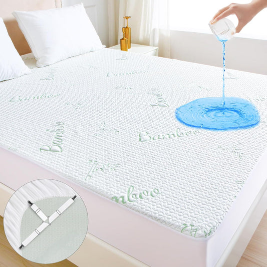 GOONIK Full Size Mattress Protector with 4 Straps, Waterproof Full Size Mattress Pad Cover with 6-16 inches Deep Pocket