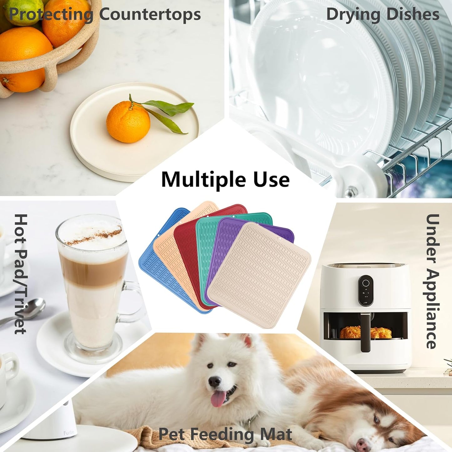 ZLR Silicone Dish Drying Mat for Kitchen Counter, Eco-Friendly Fast Dry Dish Mat, Easy Clean Multi Usage Drying Matt, Heat Resistant Trivet, 16" x 18" XL, Cassava White