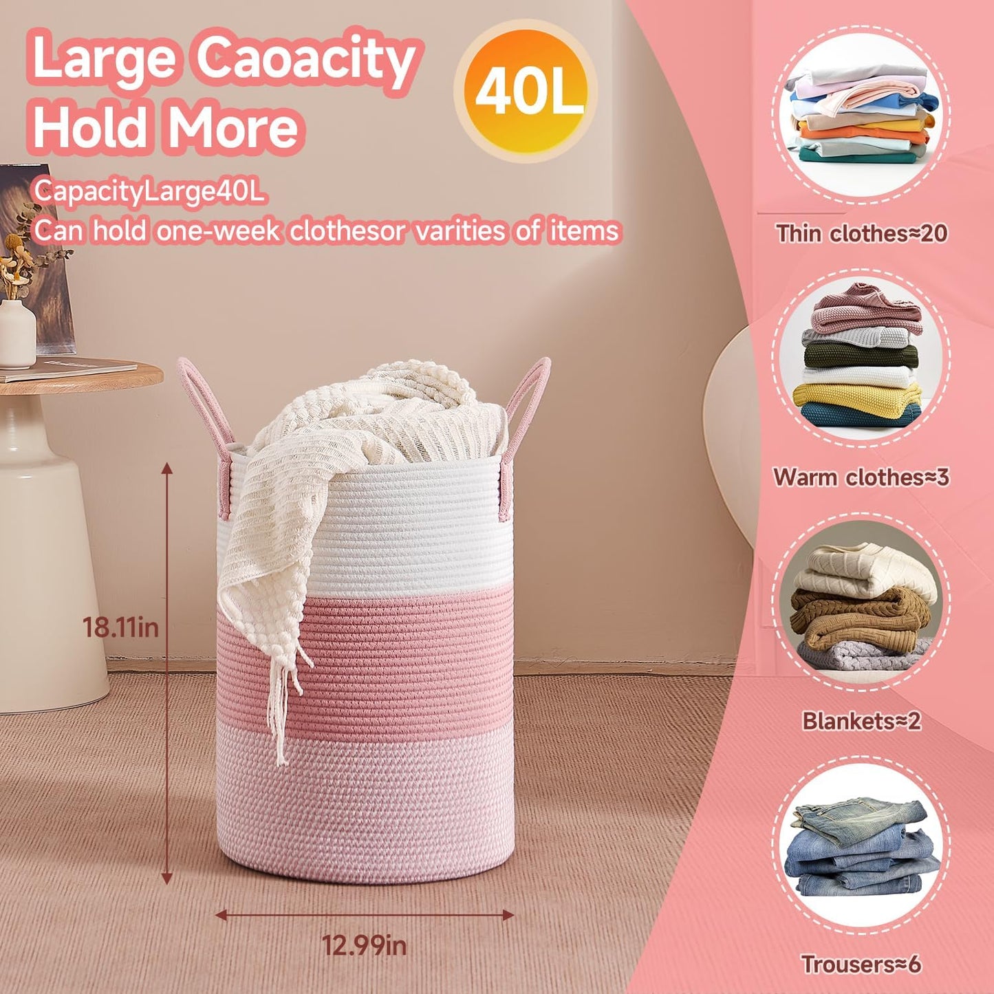 CLHMILY&Z 40L Laundry Basket Round Storage Rope Basket - 13x18 Inches - Pink Hamper in Bedreoom and Cute Storage Bin for Blankets, Toys, and Nursery Essentials