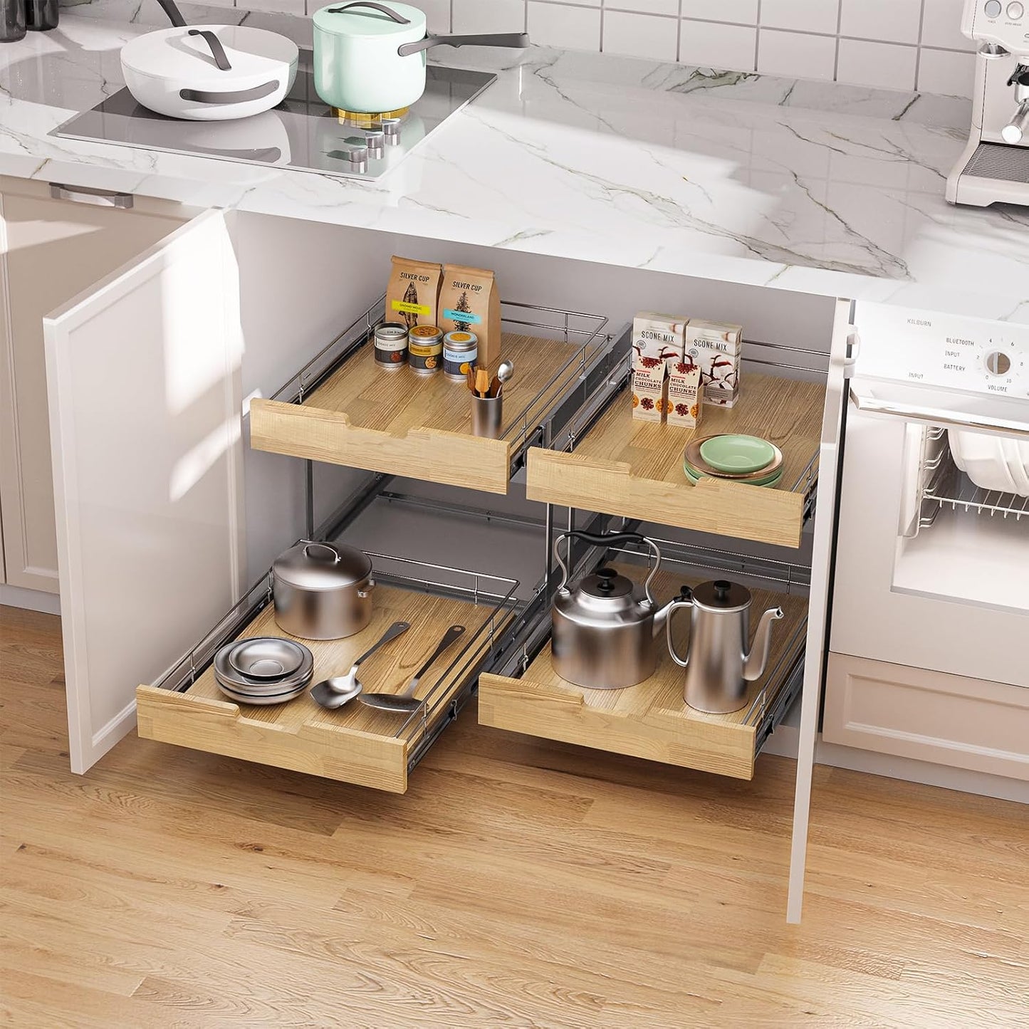 Pull Out Cabinet Organizer,Heavy-Duty Slide Out Shelf, Wood and Wire Basket, Pull Out Drawer for for Kitchen Under Sink Space, Pantry, Bathroom, 2 Tie 17 * 21 in