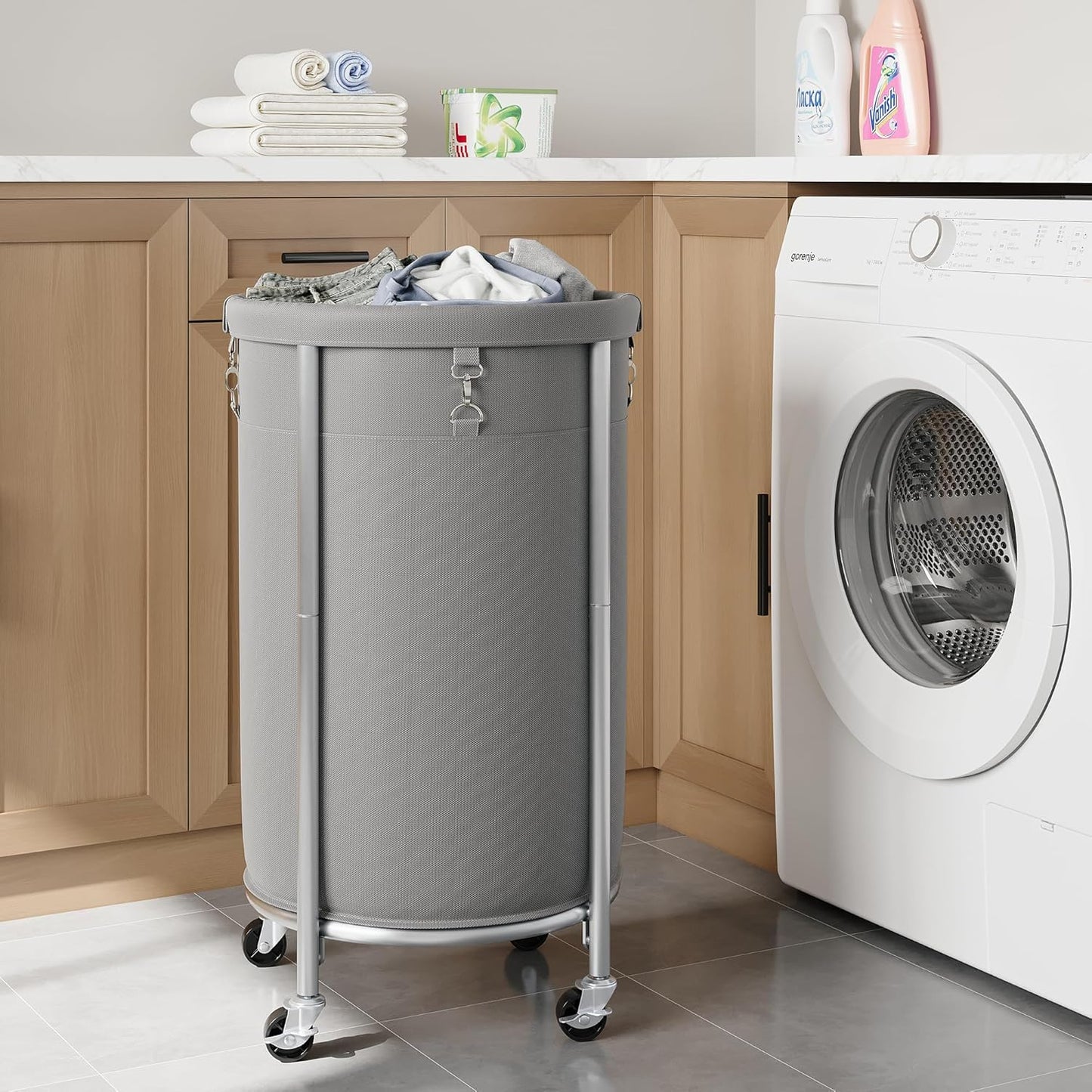 ELYKEN Laundry Hamper with Wheels, 110L Rolling Laundry Basket, Round Laundry Cart with Steel Frame and Removable Bag, 4 Casters and 2 Brakes, Dirty Clothes Hamper for Hotel, Home, Closet, Dorm, Gray