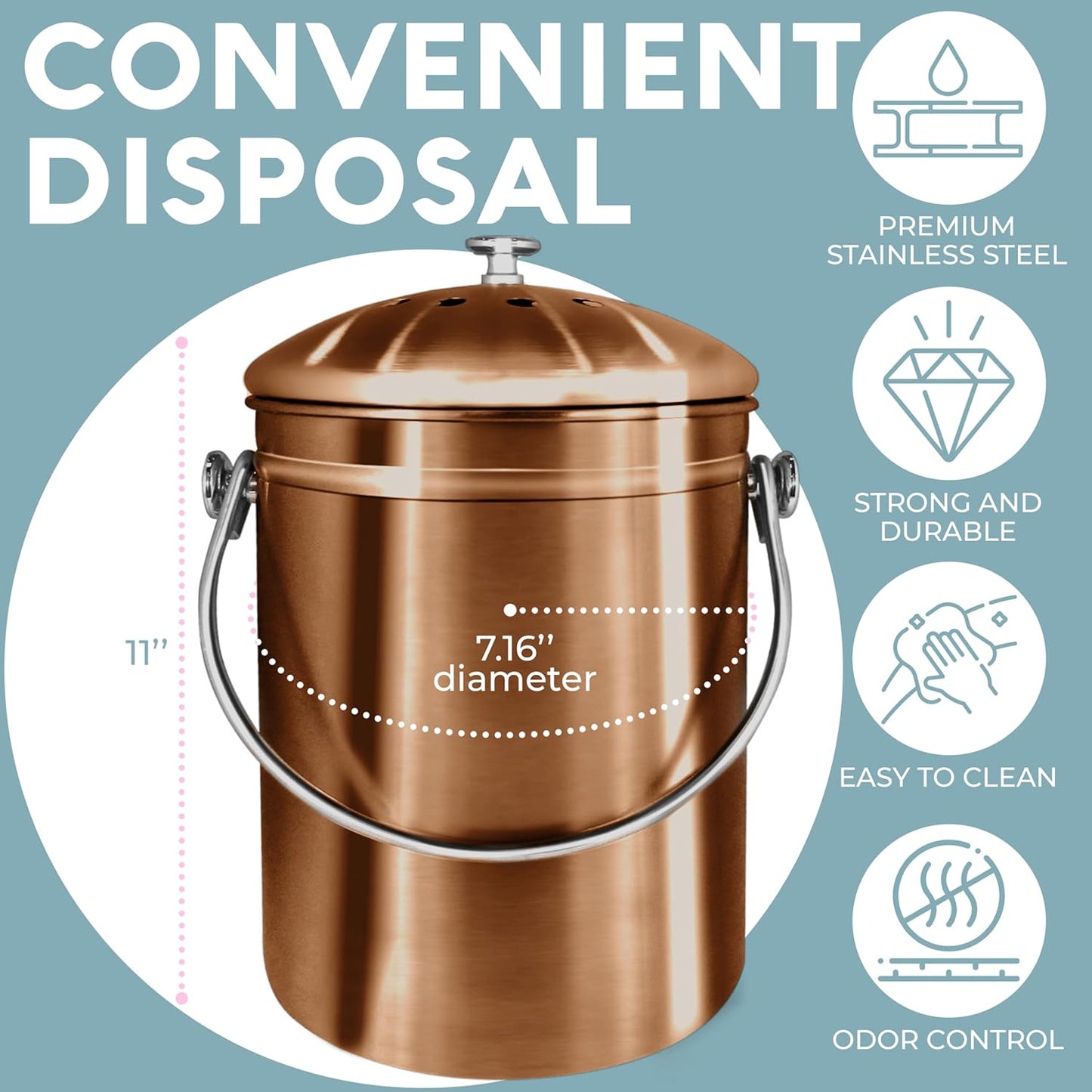 EPICA Countertop Compost Bin Kitchen | 1.3 Gallon | Odorless Composting Bin with Carbon Filters | Indoor Compost Bin with Lid | Stainless Steel Kitchen Composter for Food Scraps & Waste Recycling