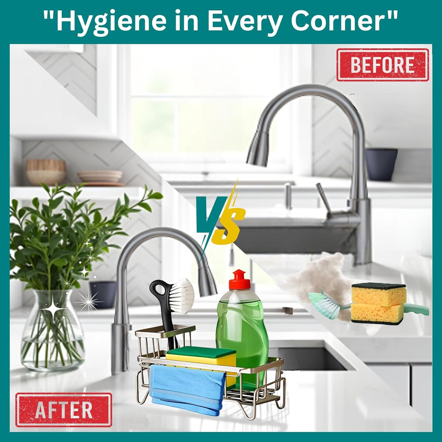 Sponge Holder for Kitchen Sink Self-Draining Sink Caddy with Brush & Dishcloth Holders Stainless Steel Kitchen Organizer for Countertop Rustproof & Durable