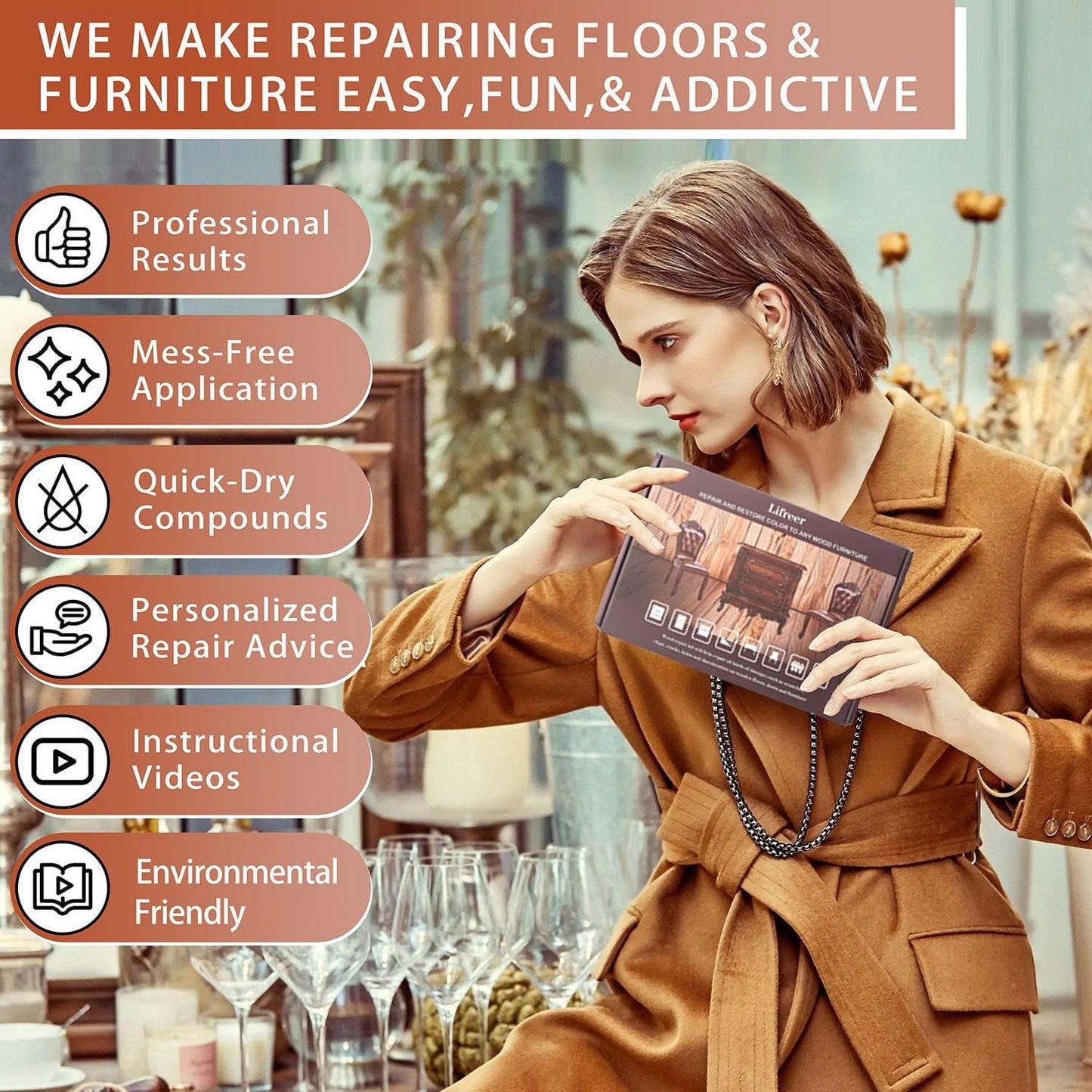 Lifreer Wood Repair Kit, 42 Pcs Furniture Repair Kit - Wood Filler, Touch Up Marker, Wood Putty, Wood Crayon for Scratch, Cracks, Stains, Discoloration for Wooden Door, Floor, Table, Cabinet