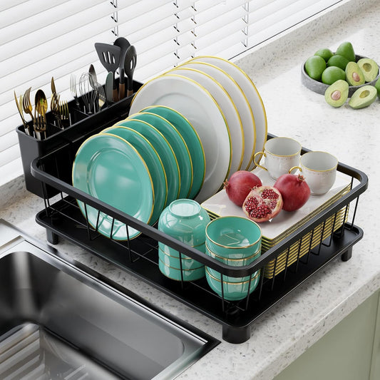 Dish Drying Rack - Space-Saving Dish Rack,Dish Racks for Kitchen Counter with Drainboard, Rustproof Dish Drainer with a Removable 4-Compartment Utensil Holder,Black