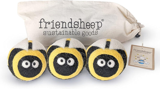 Friendsheep Wool Dryer Balls, Organic Reusable Fabric Softener Alternative for Laundry, Handmade, Fair Trade, Hypoallergenic, Eco-Friendly, Plastic-Free (3 Pack XL – Honey Bee)