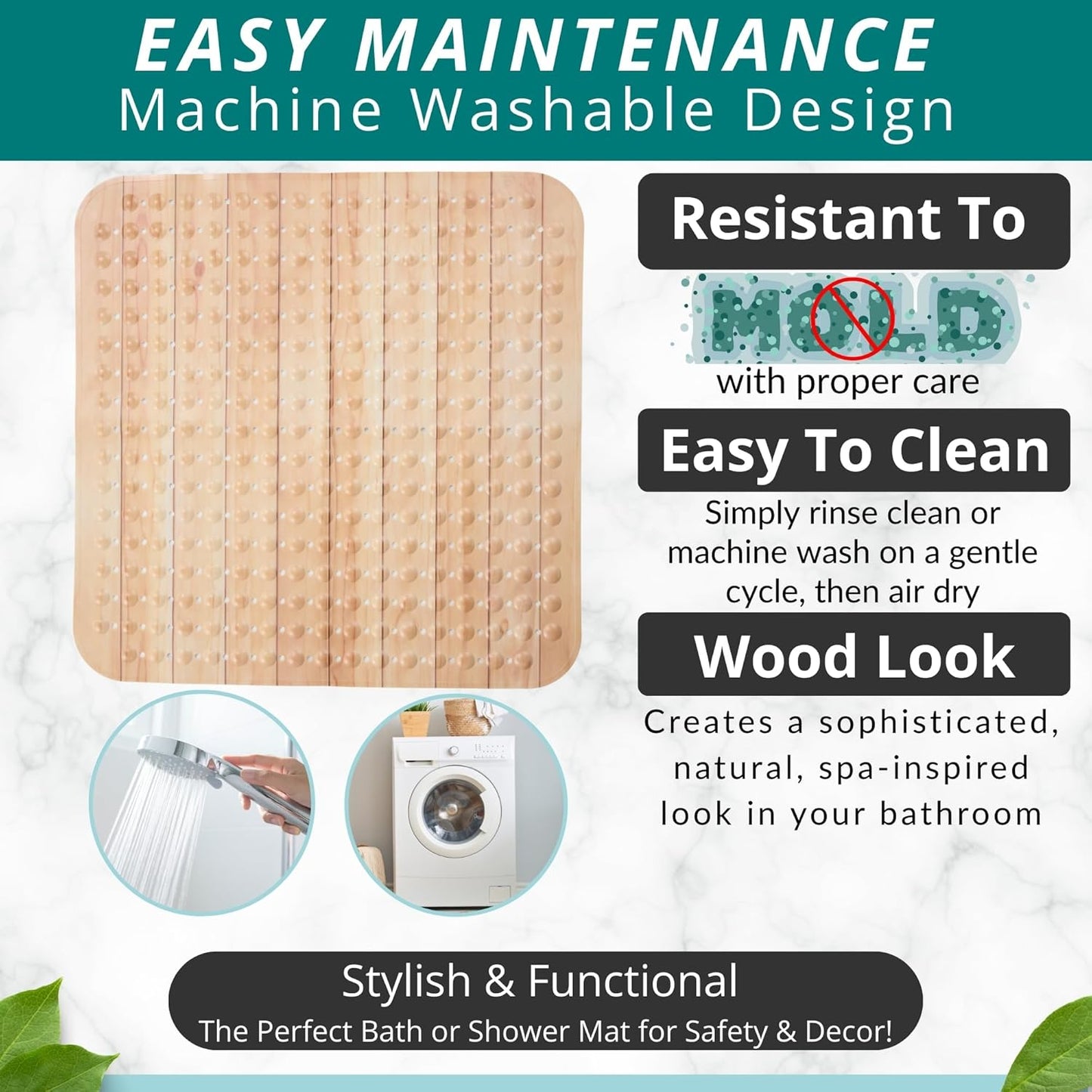 ENKOSI Extra Large Square Non Slip Shower Mat - 31 x 31-inch XL Bathroom Shower Mat - Square Shower Mats for Shower Stall Floors - Secure Suction Cups and Drain Holes (31x31 Wood Teak)