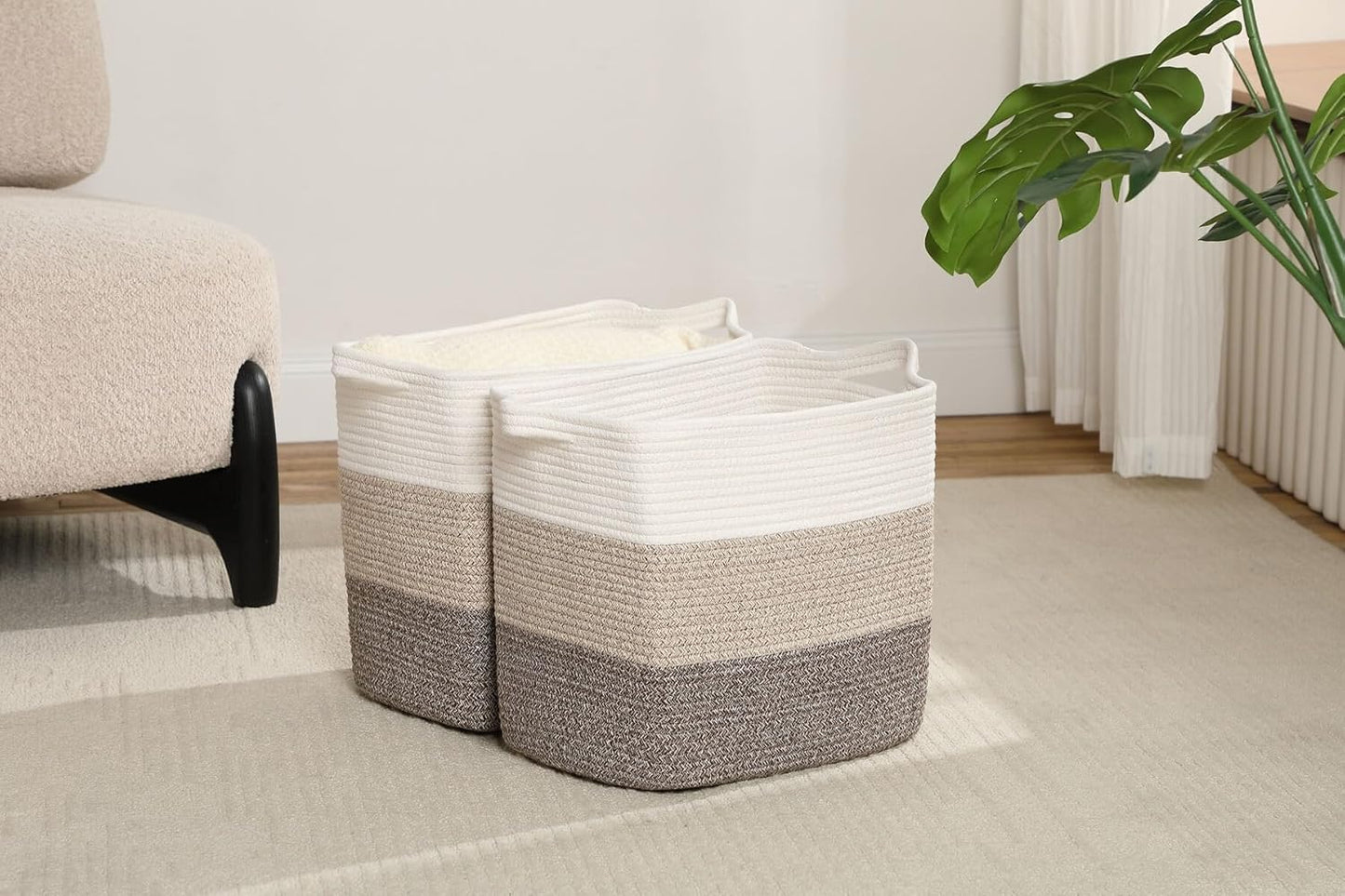 Storage Baskets for Clothes Fabric Cotton Rope Storage Basket with Handles, Decorative Woven Basket for Living Room,Closet Organizer Blankets, and 2bags (Gradient Brown, L14×W11×H14)