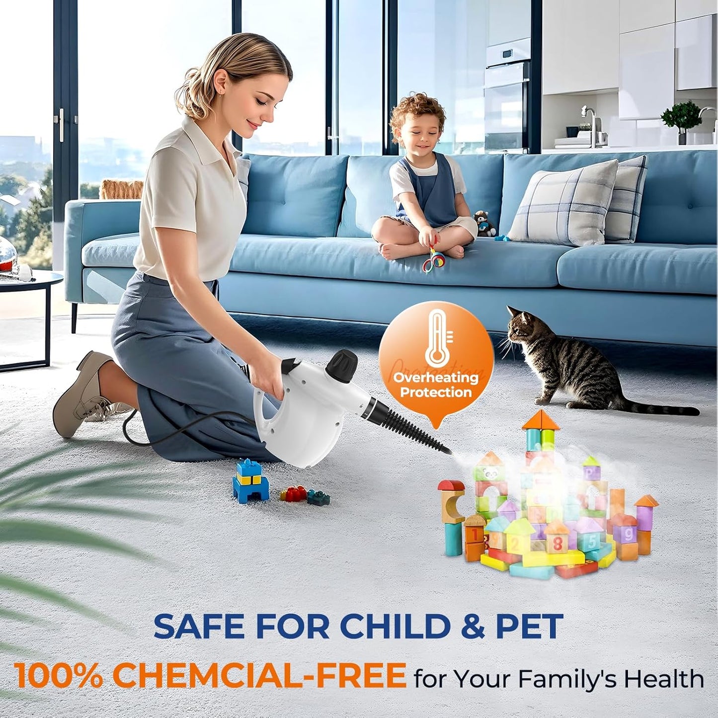 LABIGO Steam Cleaner, Pressurized Handheld 13pcs Multi-Purpose Natural Deep Cleaning Steamer, Portable Steamer for Cleaning Home, Grout, Kitchen, Car, Window, Upholstery, Bathroom and Clothes, White