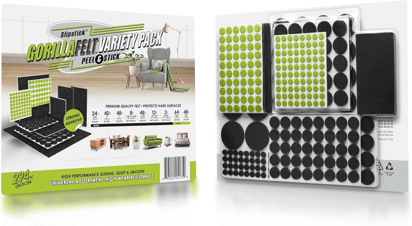 Slipstick Gorilla Felt Furniture Pads (294 Piece Variety Pack) Premium Furniture Pads & Chair Leg Floor Protectors for Hardwood Floors & Hard Surfaces