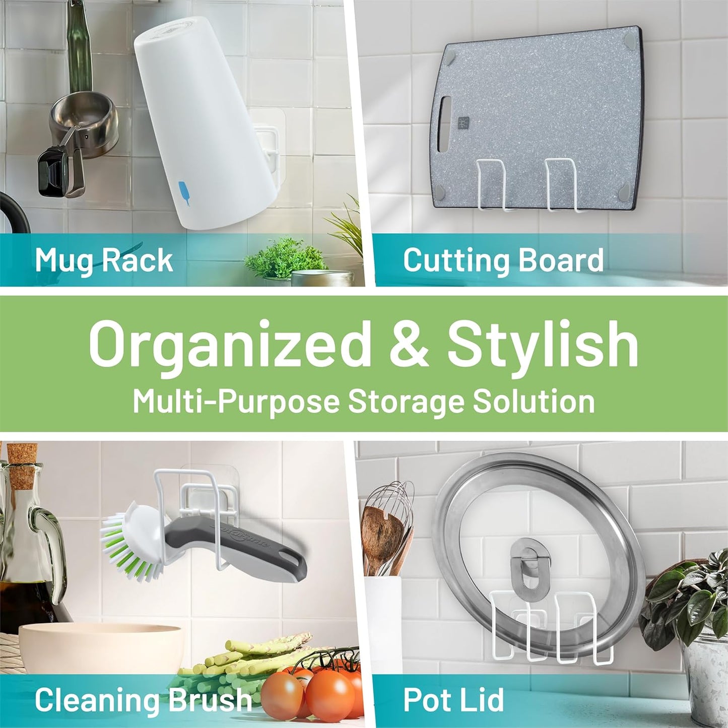 Hook LAB Reusable Sponge Holder for Kitchen Sink & Bathroom Organizer, Mountable Rack for Sponges, Scrubbers, Soaps and Brushes - White