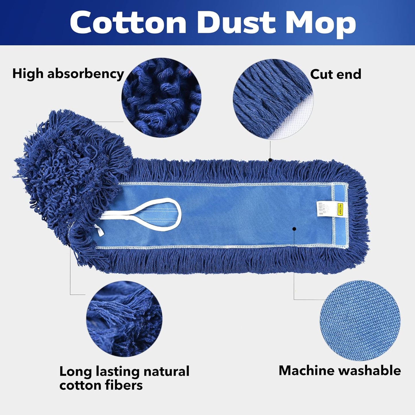 Matthew Cleaning 24'' Industrial Strength Cotton Dust Mop Refill Washable Replacement Heads for Residential & Commercial Use Fit Standard Dust Mop Frames, Hardwood, Laminate, Concrete Floors 3 Pack