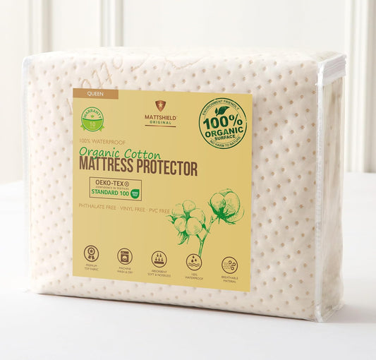Luxury Waterproof Organic Mattress Protector Queen - Organic Cotton Breathable Mattress Pad Cover - New 380 GSM Comfort - Deep Pocket - Jersey Cotton Skirt - Fitted Comfort
