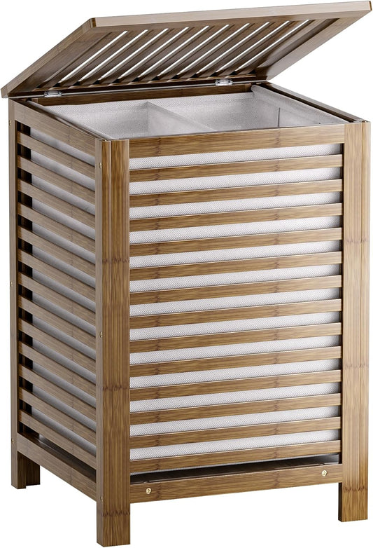 SMIBUY Double Laundry Hamper with Lid, 120L Bamboo Laundry Basket with Removable Liner Bag, 2-Section Clothes Divider Laundry Sorter for Laundry Room, Bathroom, Bedroom (Walnut)